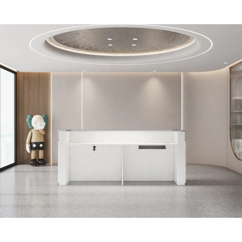 Modern High-end Company Reception Desk Curved Corner with LED Light Wood Customizable Design for Office Hotel Restaurant 4
