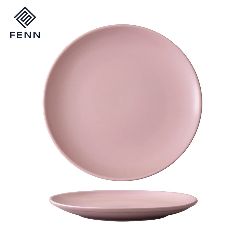 FENN Customized Color Logo Nordic Design Matte Pink Ceramic Salad Plate Sustainable Flat round Wedding Party Dinner Dish