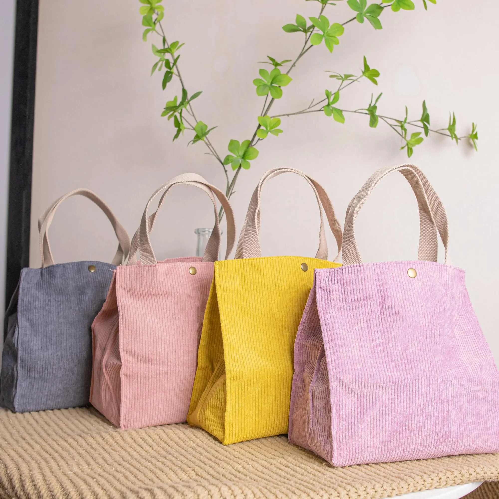 Reusable Custom Logo Insulated Corduroy Lunch Bag with Buttons and Interior Pockets