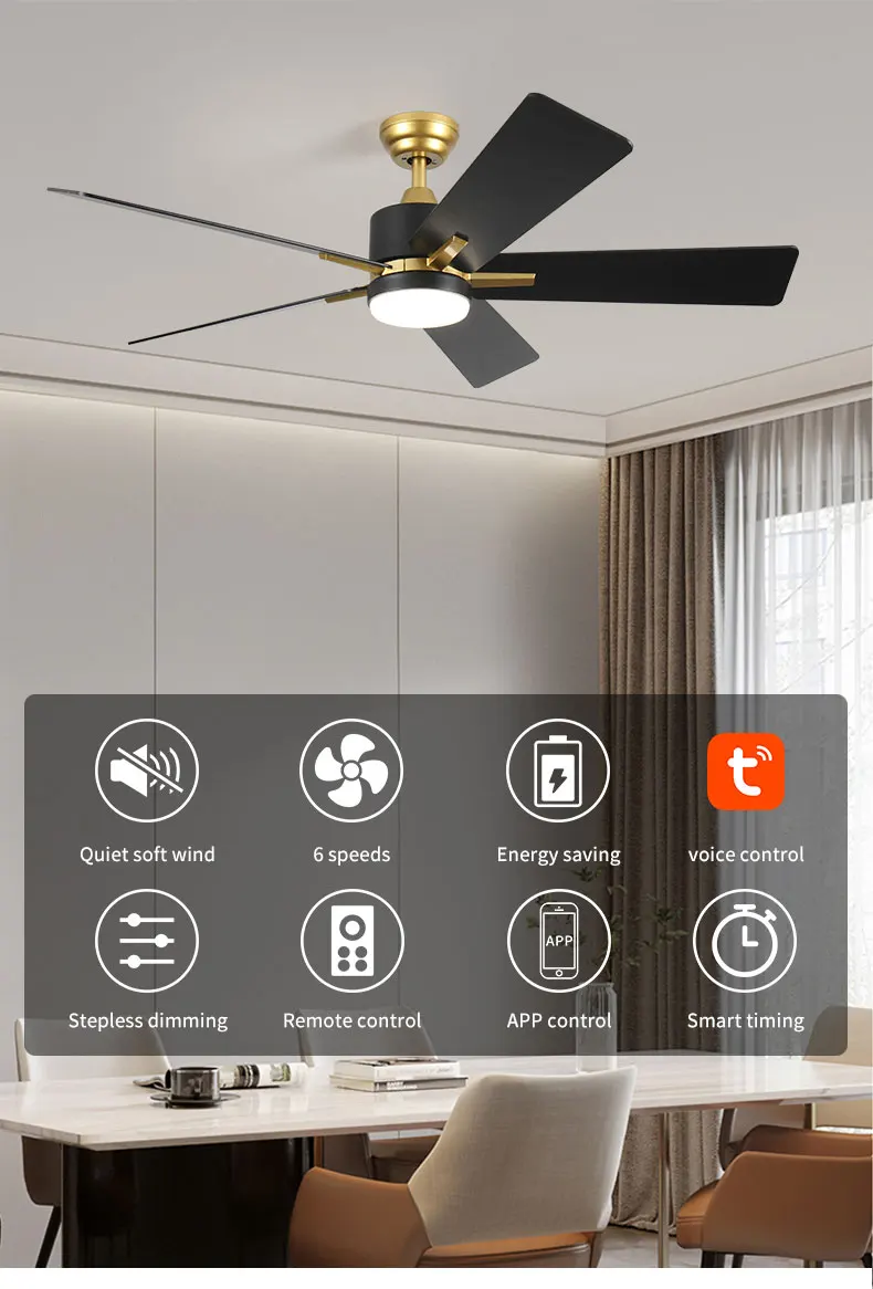 Matte Black and Gold HC553 5/3 Blades 52' Black Ceiling Fans with Lights