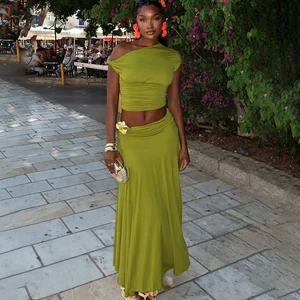 Popular Women's Solid Halter Neck Two-Piece Set Short Sleeve Top & Long Skirt Knitting Woven Beach Outfit Sizes