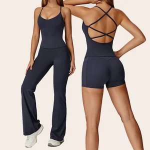 Custom Sportswear 3 Pcs Active Set High Waist Flared Leggings Set with Pocket Cross Back Sports Bra Gym Yoga Sets