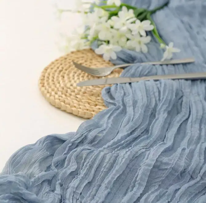 Dusty blue cheesecloth table on sale runners