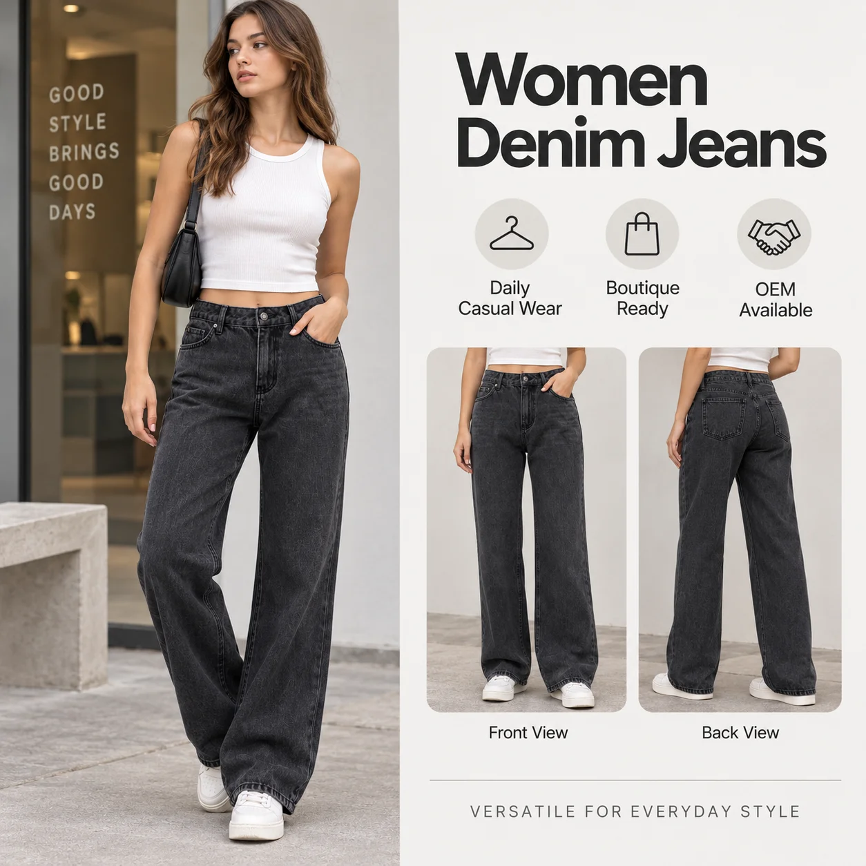 Women's Vintage Dark Gray Wash Low Waist Loose Straight Fit Breathable Washable Sexy Streetwear Basic Denim Jeans