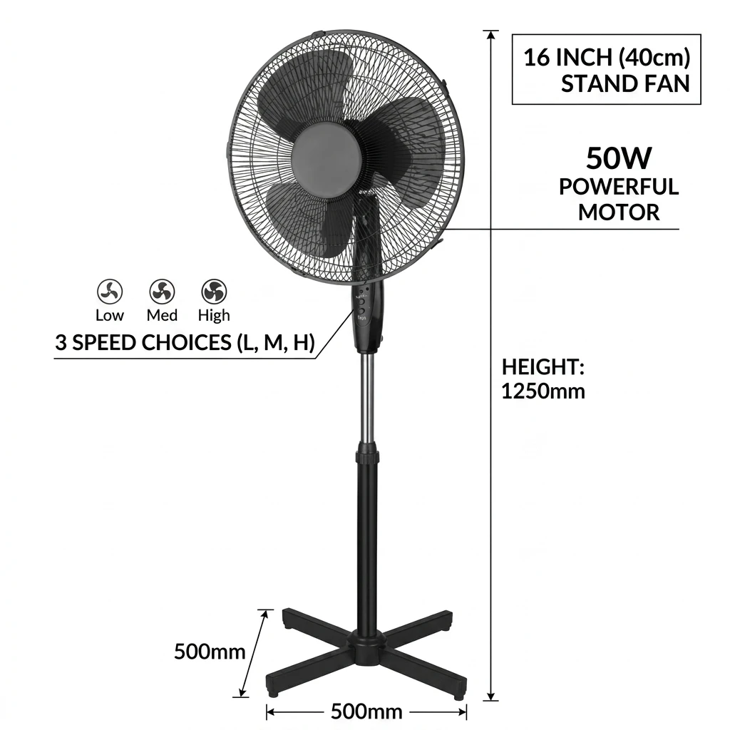 Household Use High Quality 16 Inch 3 PP Blades Round Base Stand Fan Large OSC Air Cooling Fan