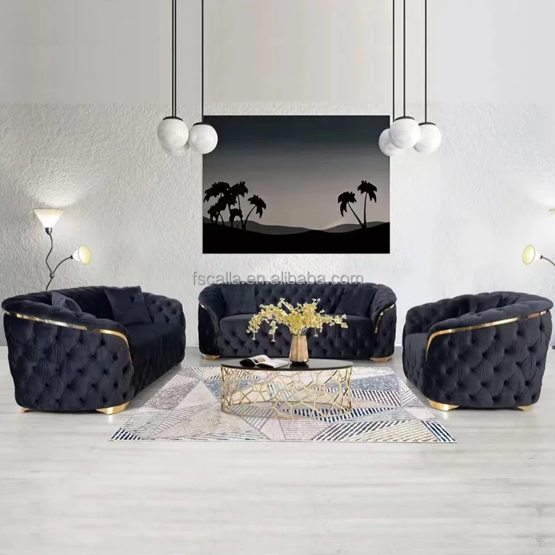 Luxury High End Velvet Chesterfield Lounge Sofa Modern New Design 3 Seat Large Velvet Sectional