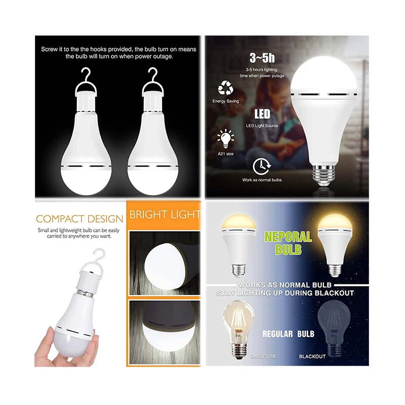 Neporal Rechargeable Light Bulbs Battery Operated Powered Backup