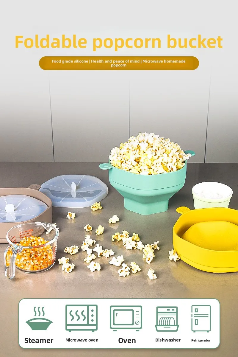 Modern Eco-Friendly Microwave Popcorn Popper Maker Foldable Silicone Bowl Big Capacity Lid Polished DIY Collapsible Popper Bowl manufacture