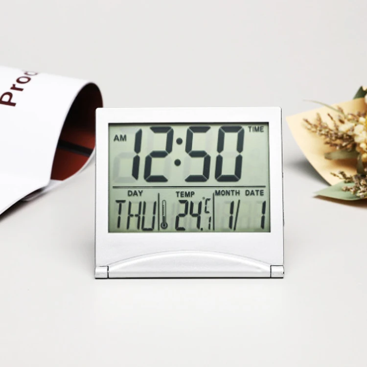 Simple Folding Portable Desk Digital LCD Alarm Clock with Calendar Temperature LED Foldable Ultra-Thin Daily Clock