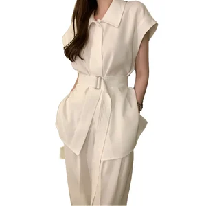 Customize Wholesale French Style Lace up Waist Solid Canvas Nonwoven White Shirt High Waist Wide Leg Casual Pants Women's Set