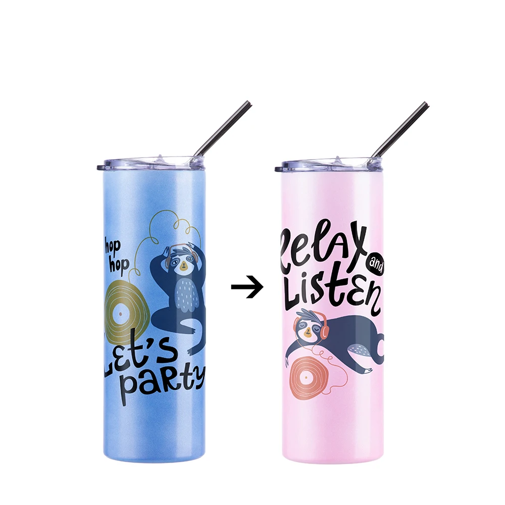 PYDLife Wholesale Heat Sensitive Color Changing 20oz 600ml Skinny Tumbler Sublimation Chameleon Skinny Tumbler with Metal Straw