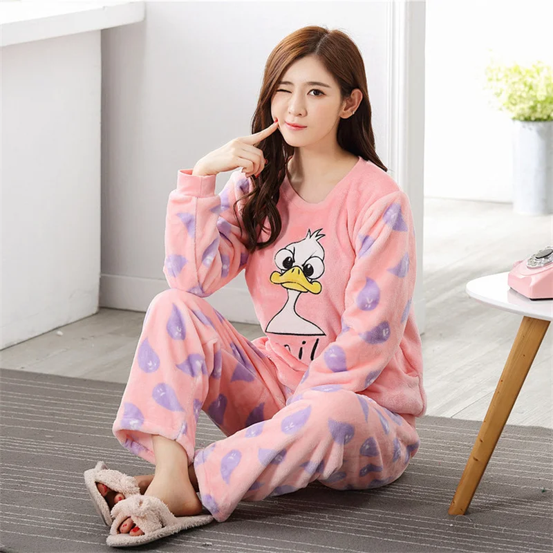 STJDM Nightgown,Pajama Sets Women Coral Fleece Soft Warm Comfortable  Elegant Sleepwear Printed Thickening Korean Style XL pinkletter