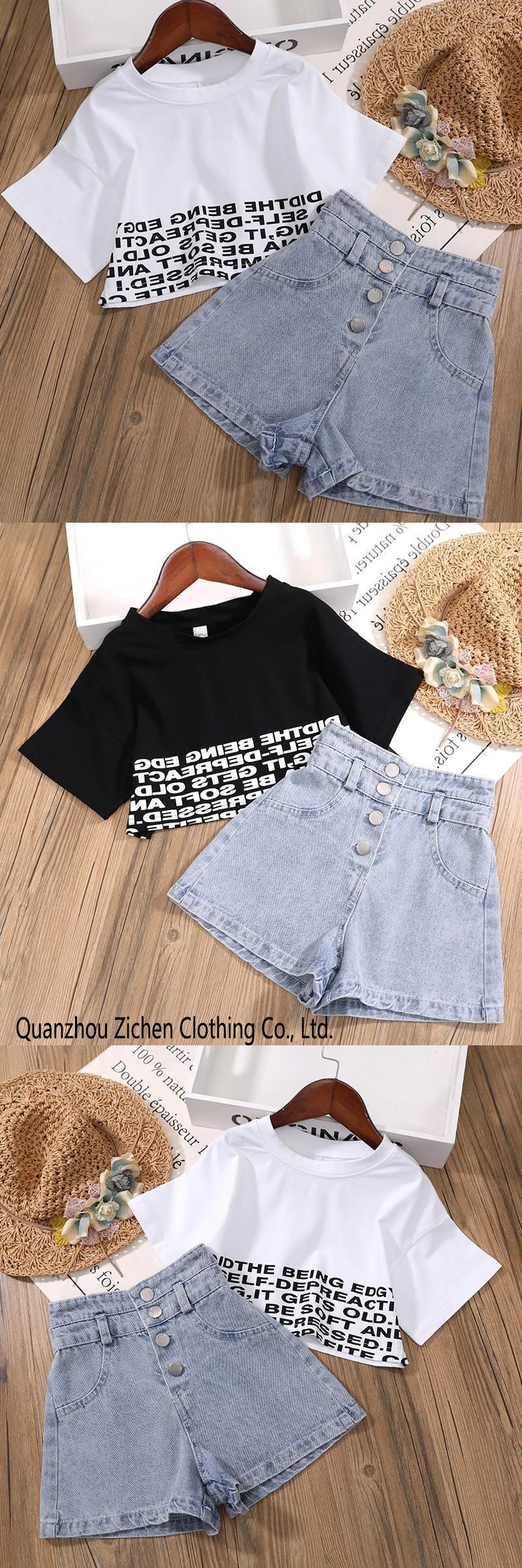 Summer Kids Clothes Set Teen Girl Crop Tops Tshirt + Denim Shorts 2pcs