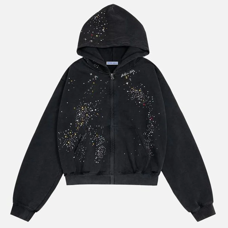 Unisex Popular Fashion Men's Classic Loose Hooded Zipper Cotton Solid Color Sticky Full Rhinestones Spring Autumn Casual Hoodies