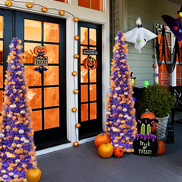 5ft Purple Artificial Pumpkin Sequin Collapsible Pencil Tinsel Halloween Christmas Tree for Decorations Indoor Holiday Party