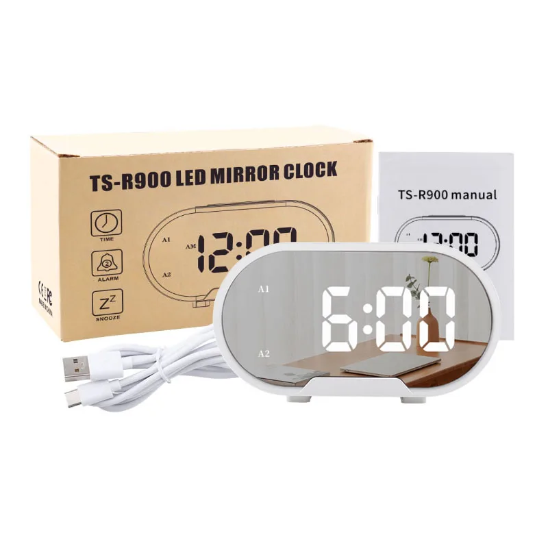 Best Large Time Display USB Batteries Powered with 2 Groups of Alarms and Snooze Function Mirror Alarm Desk Clock for Bedroom