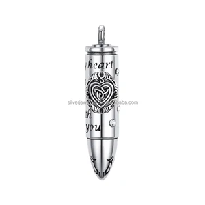 Wholesale Personalized 925 Sterling Silver Bullet Shape Cremation Urn Pendant Trendy Metal Body Ashes Pet Fine Pendants Charms
