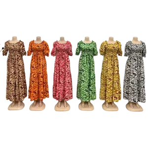 Wholesale Women Floral Print Elegant A- Line Skirt Casual Plus Size Loose Short Sleeve Dress