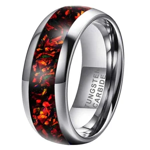 Coolstyle Jewelry 8mm Domed Engagement Wedding Band for Men Women Fire Opal Chip Inlay High Polish Tungsten Carbide Ring
