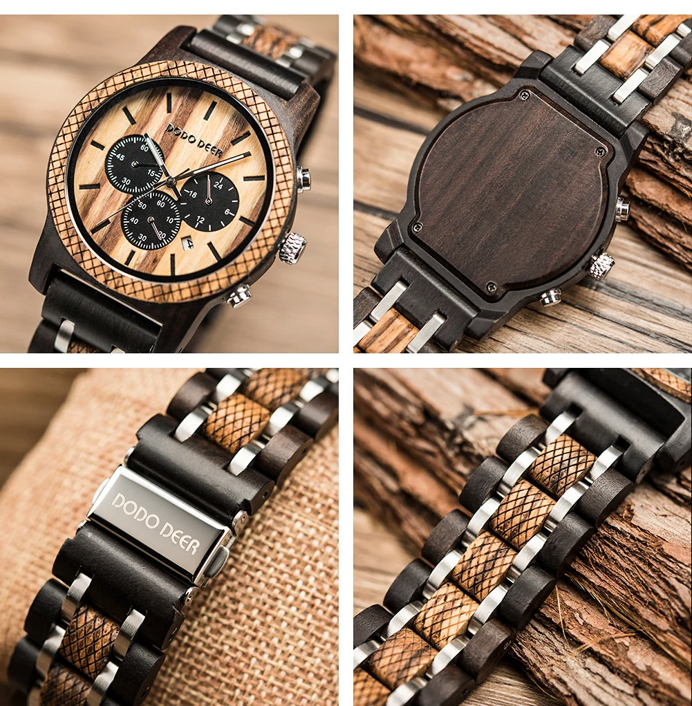 DODO DEER Men's Chronograph Wooden Watch with Natural Wood Bracelet - Eco-Friendly Timepiece