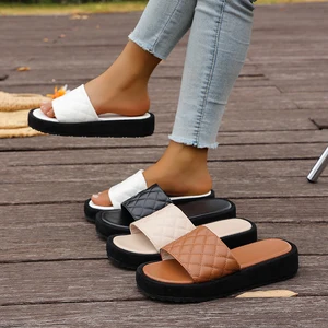 Trendy Cross-Border New Casual Outdoor Summer Big Size Flat Slippers Open Toe With Plaid Stitching Breathable Platform Shoes