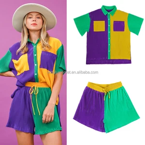 Wholesale Custom logo Shirt Short Sleeve Tops Shorts Color Block Plisse Women Two Piece Set Mardi Gras Sets