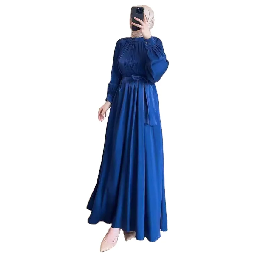 Spring and Autumn New European and American Round Neck Pleated High Waist Tied Slim Fit Long Sleeved Muslim Dress