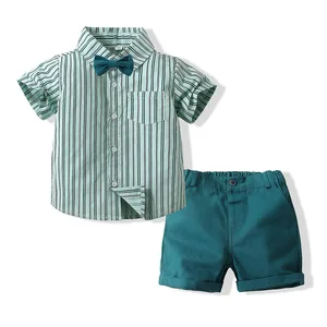 Customizable Boy's New Style Short Sleeves Striped Bow Tie T'shirt & Pants Set for Kids 3-8 Years