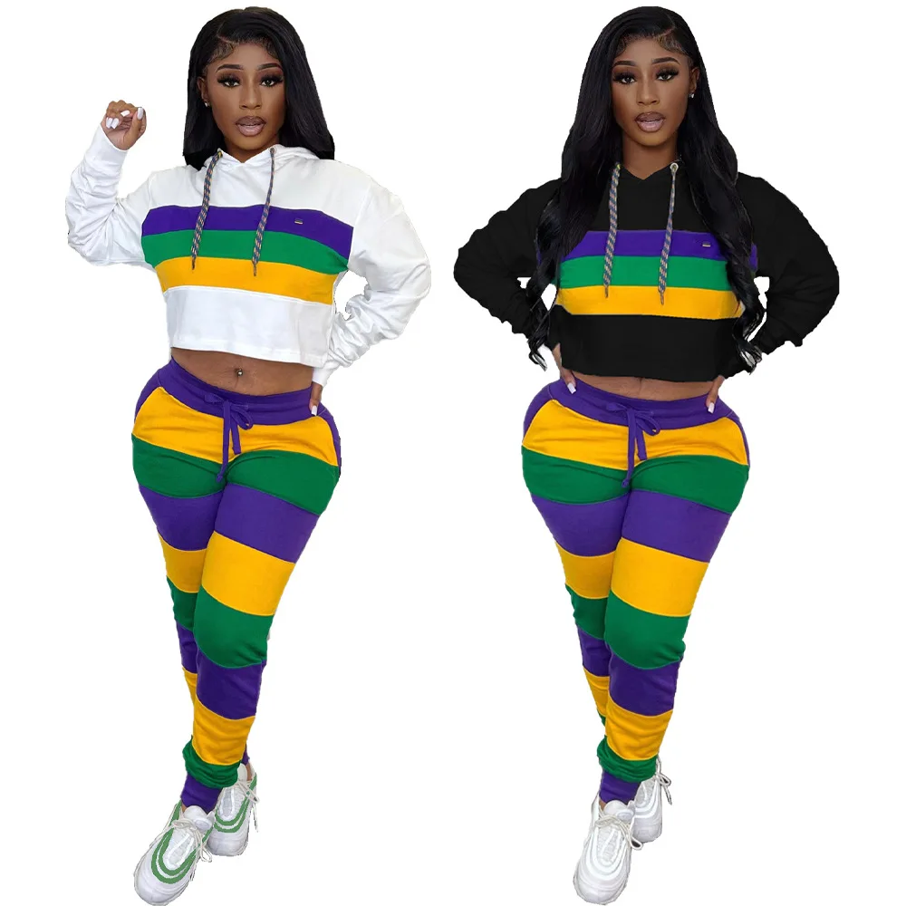 Purple Green Yellow Matching Sets Women Striped Pullover Hoodie Tracksuit  Women's Carnival Clothes Cropped Hoodie and Jogger Set