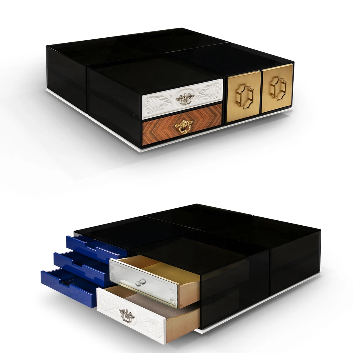Modular Contemporary Coffee Table - Customizable Drawers, Luxurious Materials