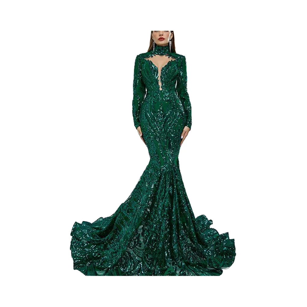 emerald green bodycon prom dress Formal Gown Halter Sleeveless V-Neck Modest Slim Hip Sequined Appliques Eco-Friendly Chapel Train sparkly emerald green prom dress