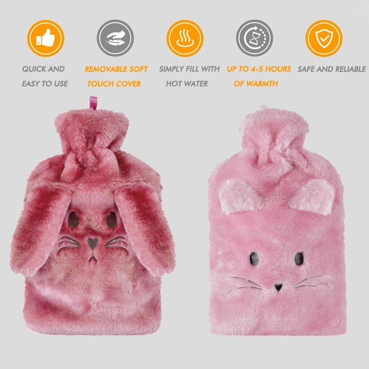 custom cartoon cute animal reusable hot water bottles rubber hot water bag with soft cover wholesale