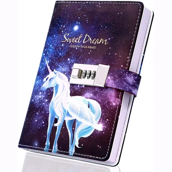 Customized Luxury Gift Writing Daily Planner Hardcover Schedule Gift Children White Combination Lock Unicorn Notebook