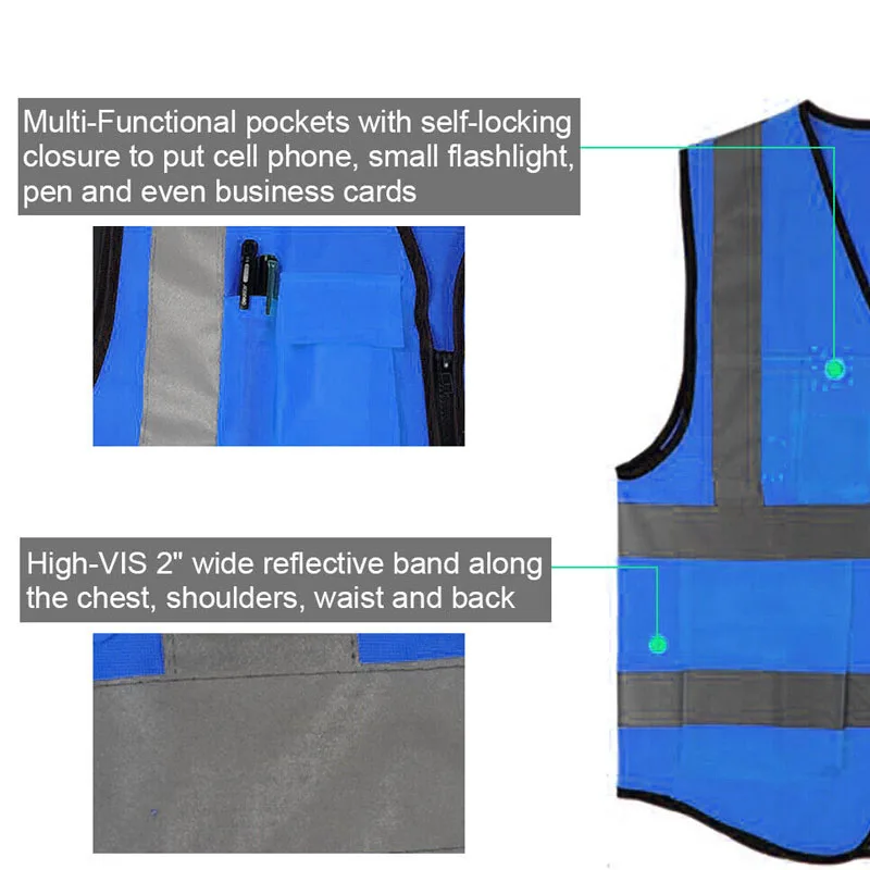 High Visibility Multiple Pockets Security Work Customize All Kinds of Blue Safety Vest Reflective Vest Navy