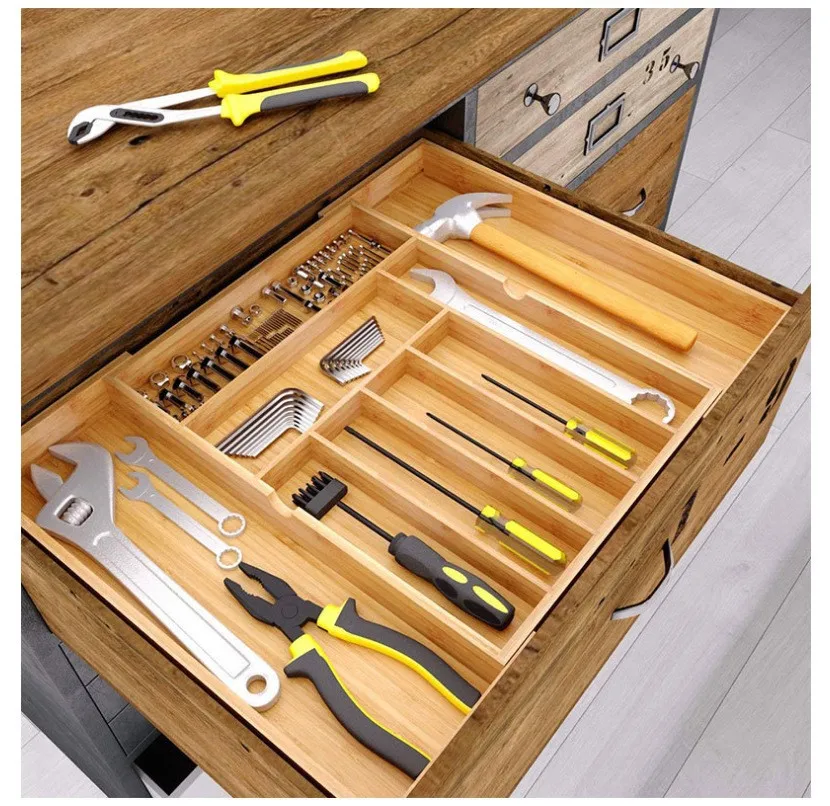 Kitchen Knives Adjustable Cutlery Tray Bamboo Expandable Wood Drawer Dividers Storage Organizer for Utensils Flatware Holder