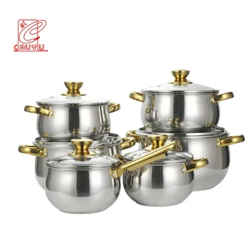 Newest 12pcs stainless steel thomas inox cookware set inox gold cooking pot with gold handle cookware sets