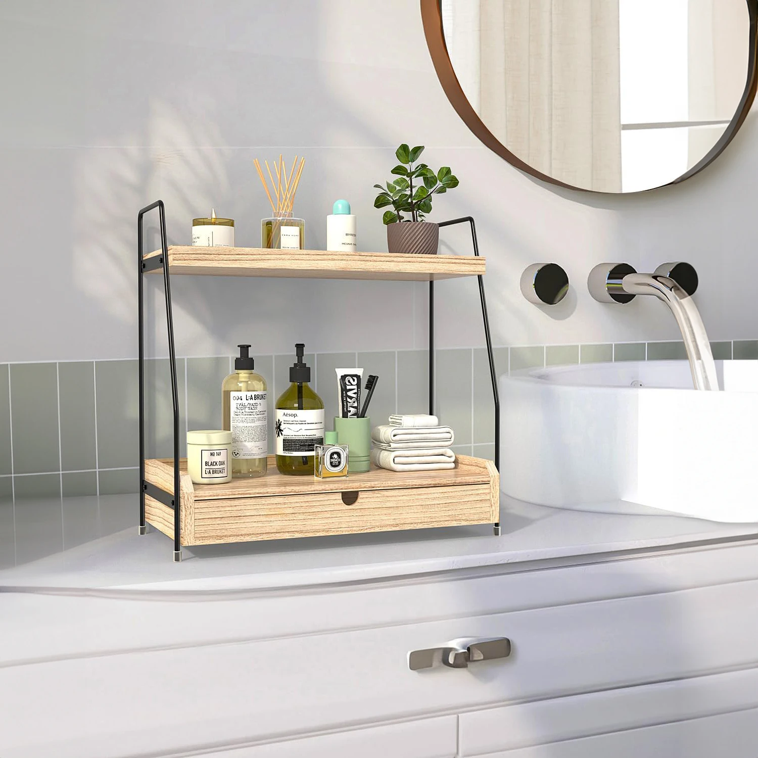 Solid Wood Bathroom Counter Organizer With Drawer 2-tier Bathroom Organizer Countertop - Buy ...