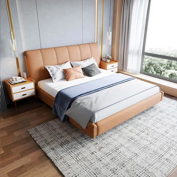 Linsy White Genuine Leather Bed Frame Luxury Modern Wooden Bed King Size Set Bedroom Furniture R292