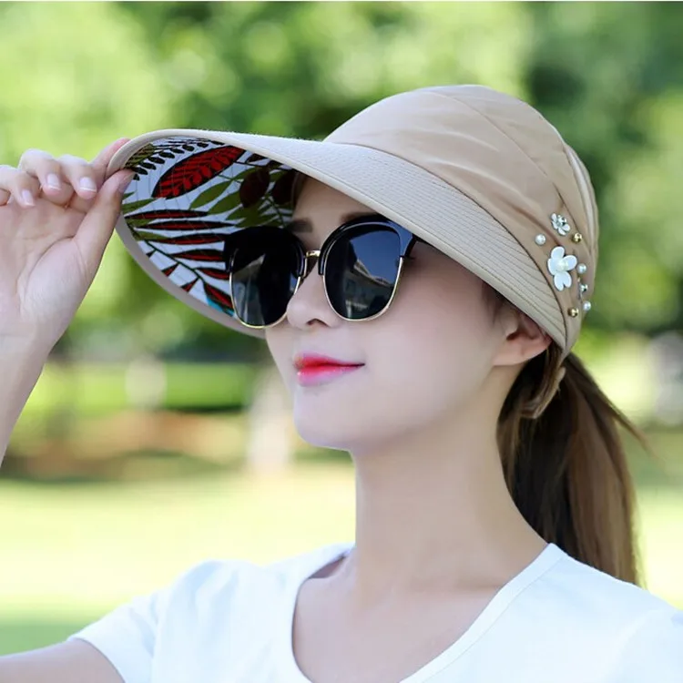 Hot 1Pcs Women Summer Sun Hats Pearl Packable Sun Visor Hat with Big Heads Wide Brim Beach Hat Uv Protection Female Cap 