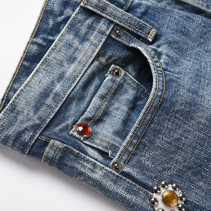 DiZNEW Rhinestone Jeans Fashion Small Size China Factory Stone Nice Quick Bule Drilling Rainbow Cloth Jewel Pants factory