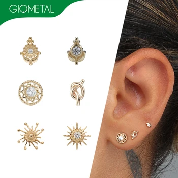 Giometal 14K Solid Gold Gemmed Sun Threaded Piercing Top End Labret Flower Conch Helix Tragus Daith Earrings Back Body Jewelry