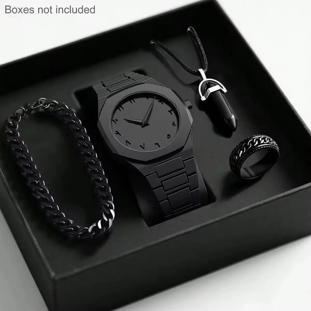 1158 Cs008 Gift Set Four Piece Black Rings Bracelets Necklaces Muslim Quartz Watch Witho aperçu 9
