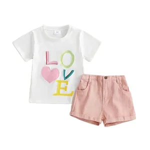 2023 Fashion Children Boutique Clothes Sets Summer Short Sleeves Letters Print T Shirts Tops Denim Solid Shorts Girls Outfits