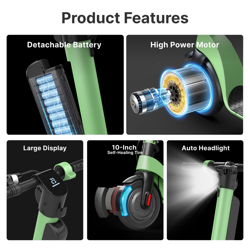2025 10-Inch 350W Portable Green E-Scooter Lightweight Foldable Adult Urban Mobility Electric Scooter 10AH Removable Lithium