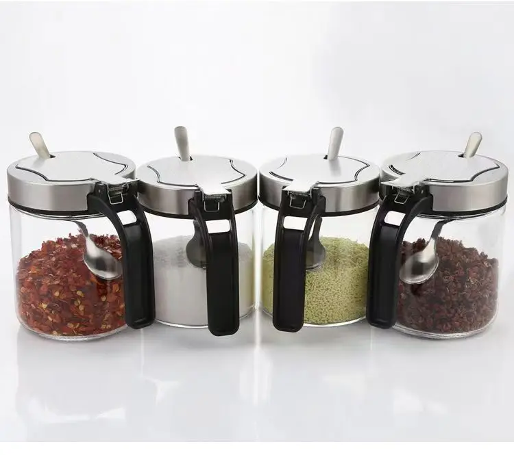 304 stainless steel seasoning jar with spoon Seasoning jar moisture-proof sealed glass seasoning box supplier