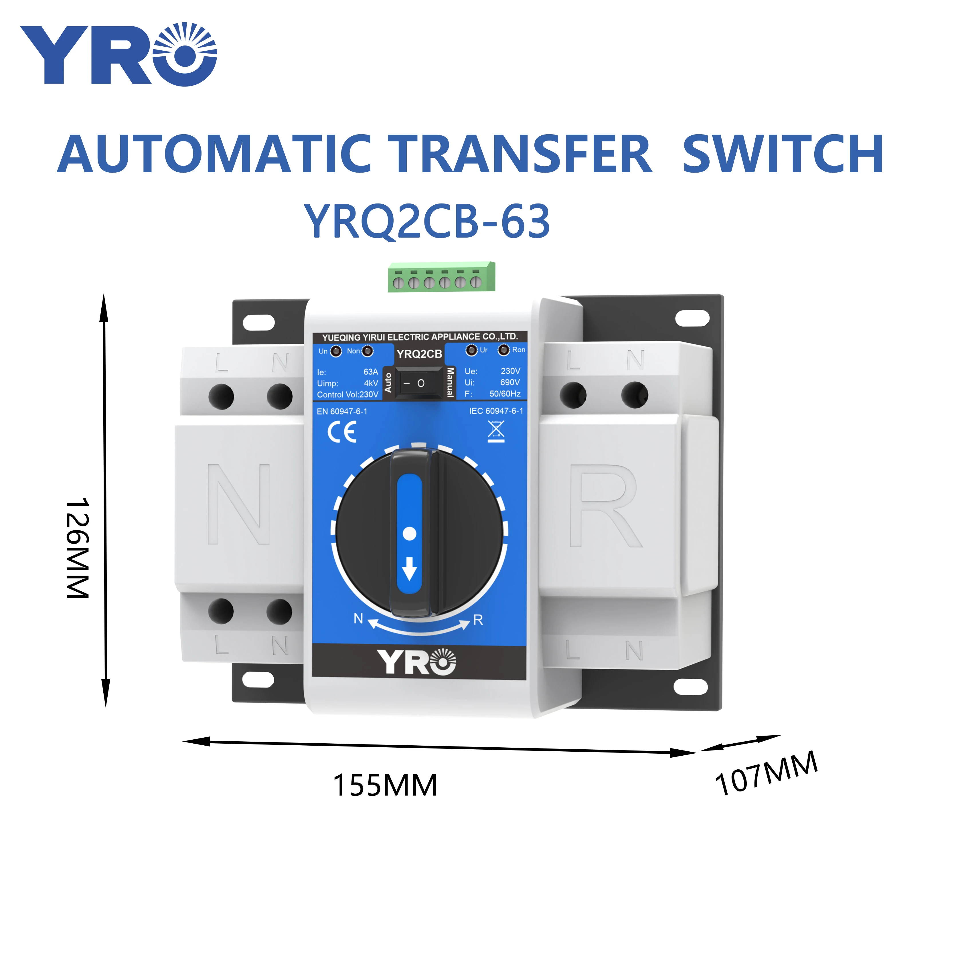 YRO Dual Power Changeover Switch 2P 63A 220V Automatic Generator Transfer Switch Controller ATS Electric Device Switch