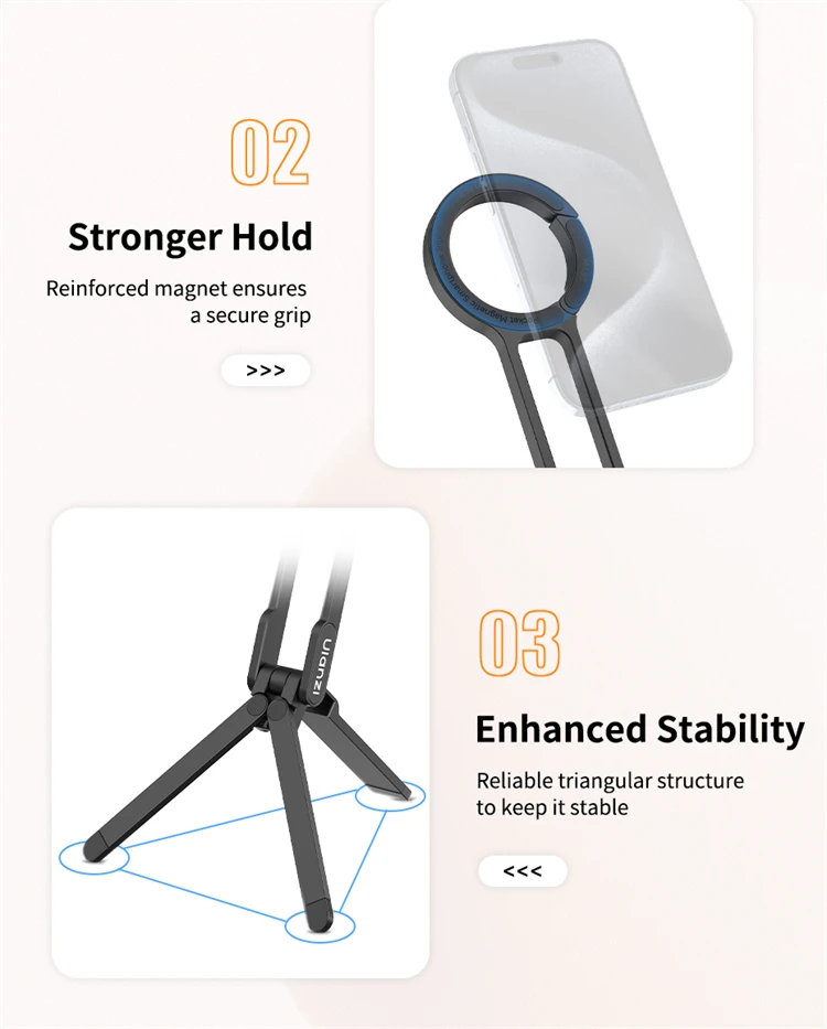 乌兰齐MA30登山扣安装手机三脚架适用于iPhone 15 14 13 12 Pro/Pro Max双面磁铁三脚架桌面安装手机手柄