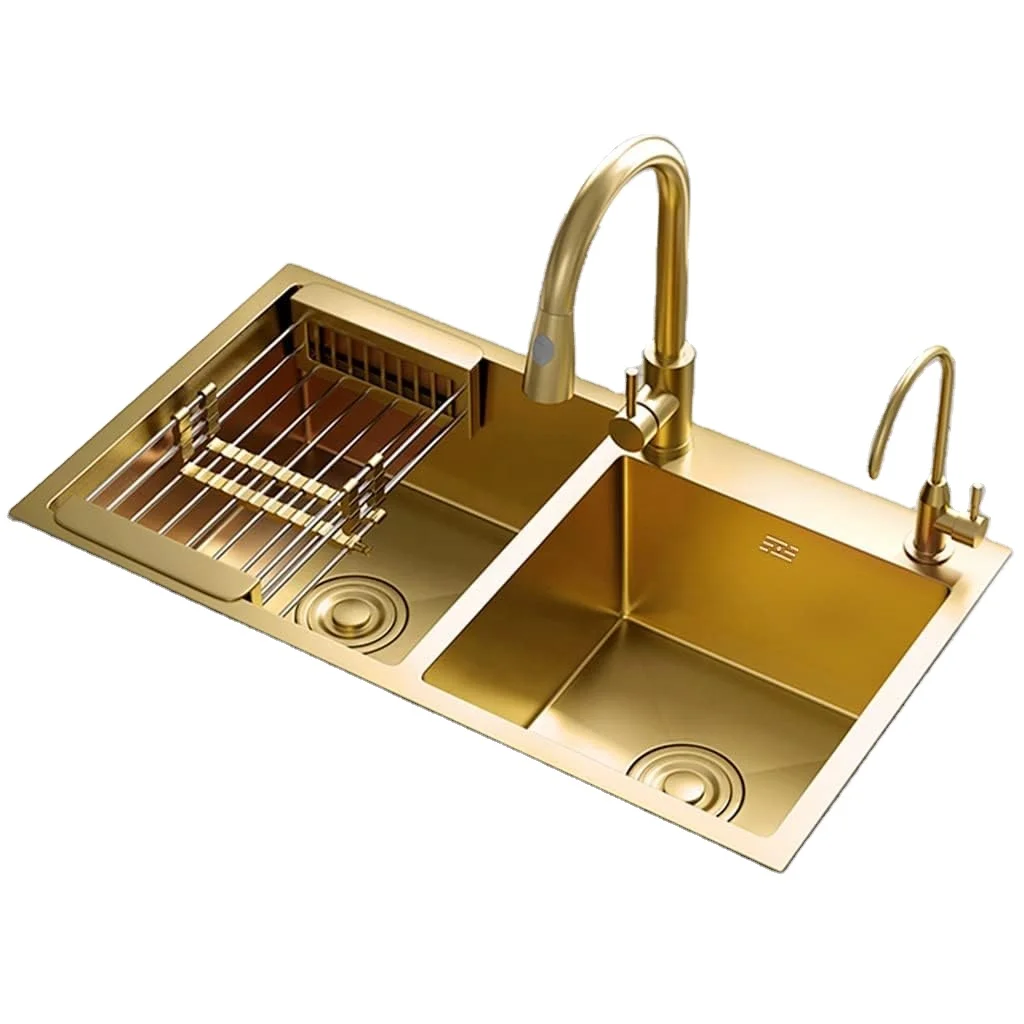 Drop-In or Undermount Gold Kitchen Sinks Double Bowl Bar Sink 304 Stainless Steel Nano-Coated with Stopper and Drain Strainer,