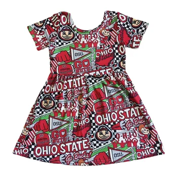 RTS Wholesale Baby Girls Short Sleeve Football Team Red Color State Kids Children Summer Knee Length Boutique One Piece Dresses