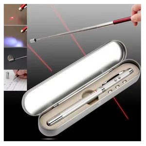 5 in 1 Red Laser Pointer Retractable Telescopic Antenna Teaching Pointer Magnet Pen LED Flashlight Ball Pen with Metal Case